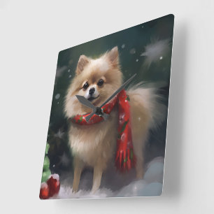 Relógio Quadrado Cachorro Pomerânia na Neve Natal