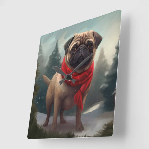 Relógio Quadrado Cachorro Pug na Neve Natal