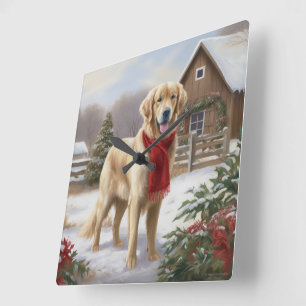 Relógio Quadrado Cachorro Retriever Dourado na Neve Natal 