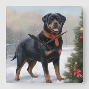 Relógio Quadrado Cachorro Rottweiler na Neve Natal