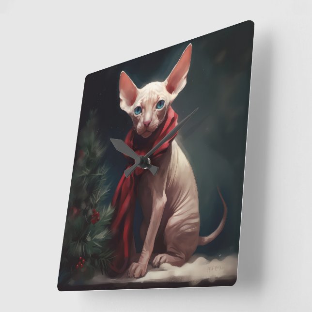 Relógio Quadrado Cachorro Sphynx na Neve Natal (Ângulo)