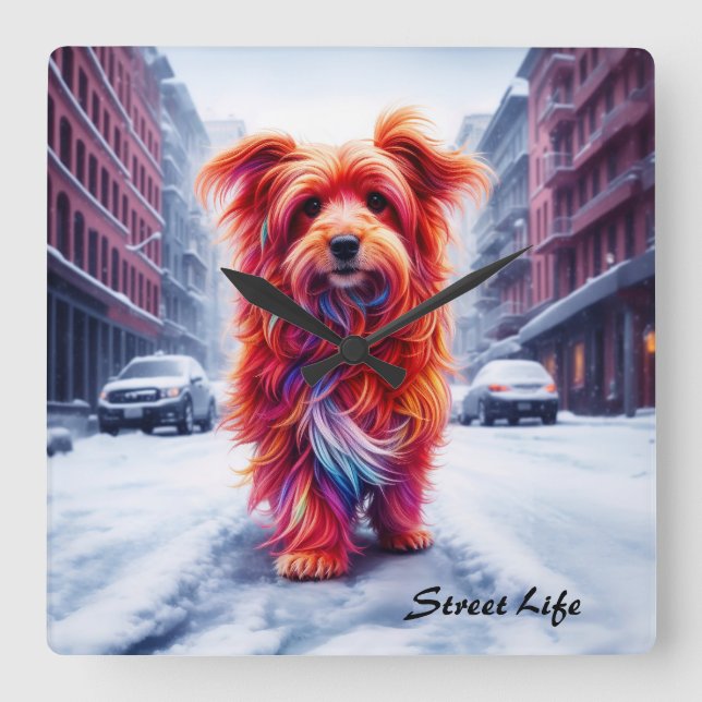 Relógio Quadrado Cachorro vermelho descendo a rua de inverno de nev (Frente)