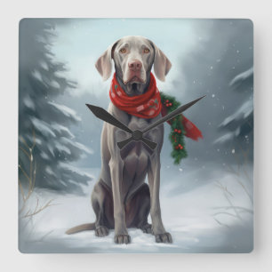 Relógio Quadrado Cachorro Weimaraner na Neve Natal