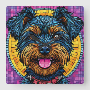 Relógio Quadrado Cachorro Yorkshire Terrier Feliz em Estilo Mosaico