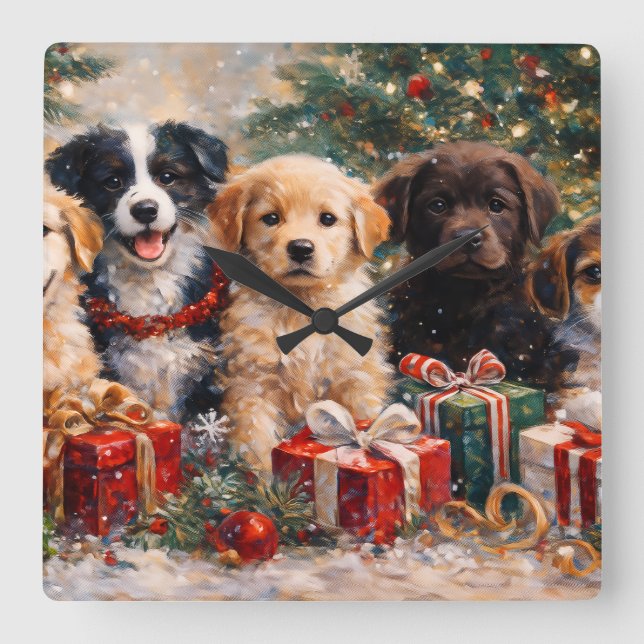 Relógio Quadrado Cachorros de Natal com Presentes sob a Árvore Deco (Frente)