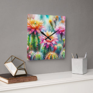 Relógio Quadrado Cactos Suculentos de Flutuação de Aquarelas