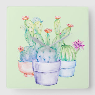 Relógio Quadrado Cactus Flowers Coral Mint Green Watercolor Rosa