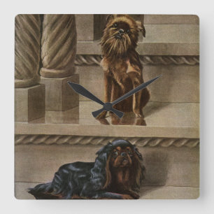 Relógio Quadrado Cães do vintage que sentam-se em uma escadaria