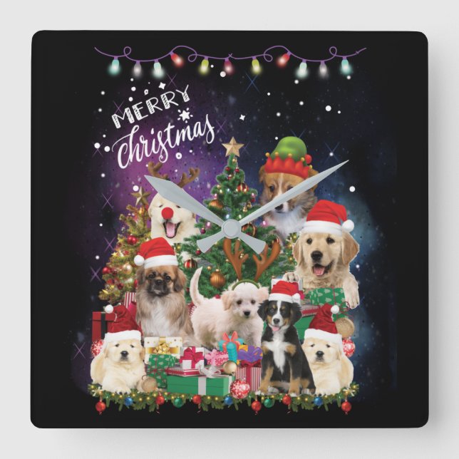 Relógio Quadrado Cães Feliz Natal Luz (Frente)