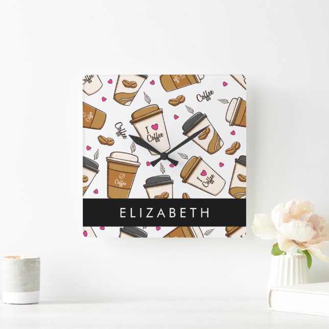 Relógio Quadrado Café, Café Feijão, Café, Café Lover, Seu Nome (Lar)