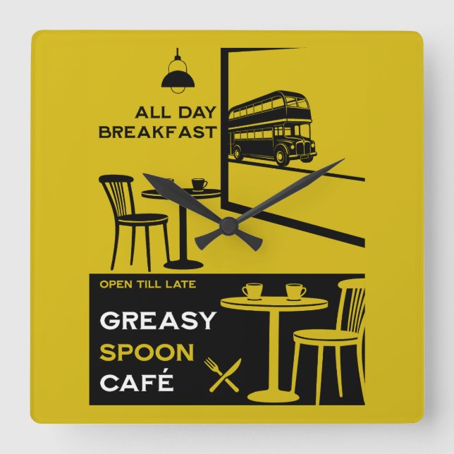 Relógio Quadrado Café da Manhã Inglês Greasy Spoon (Frente)