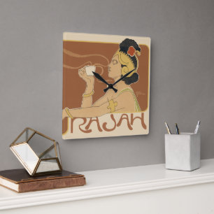 Relógio Quadrado Café Rajah Art Nouveau Vintage, Senhora com Café