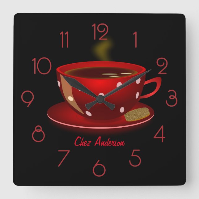 Relógio Quadrado Café Vermelho e Preto Personalizado (Frente)