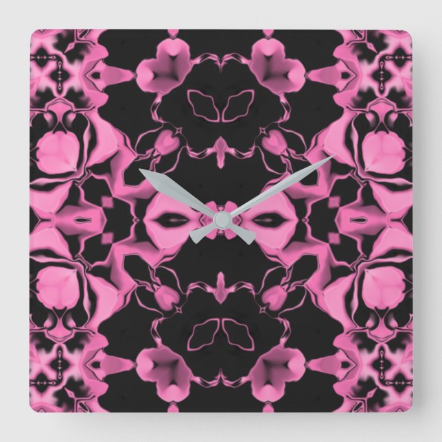 Relógio Quadrado Caleidoscópio Rosa c/Preto (Frente)