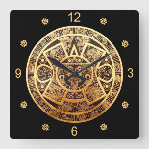 Relógio Quadrado Calendário do Aztec Sun ~ Dourado e Preto ~