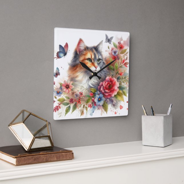 Relógio Quadrado Calico Cat Floral Wall Clock (Escritório)