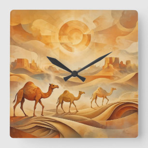 Relógio Quadrado Camelos do Deserto ao Nascer do Sol Areias Mutante