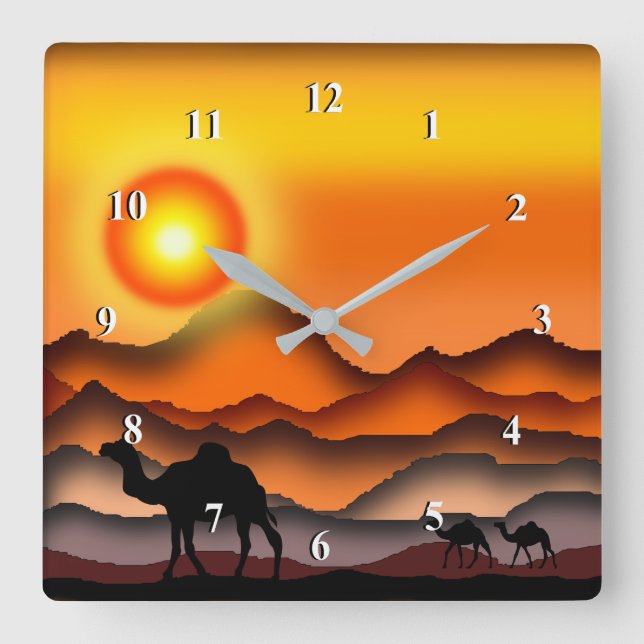 Relógio Quadrado Camelos no Sunset Desert Wall Clock - Pintura (Frente)