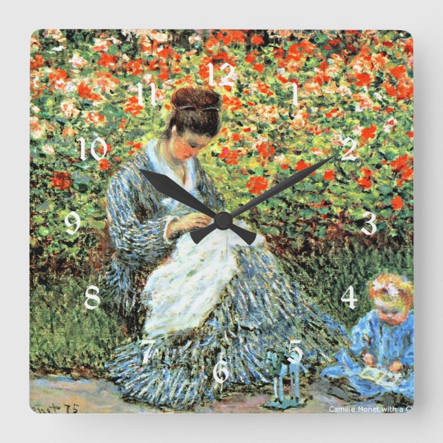 Relógio Quadrado Camille Monet e Child, famosa pintura (Frente)