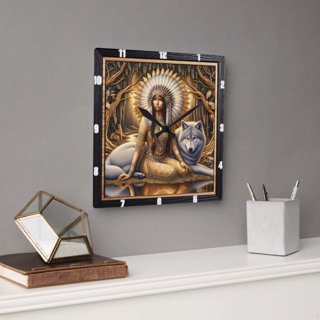 Relógio Quadrado Caminho Espírito Nativo: Brilho Sagrado do Fogo (Escritório)