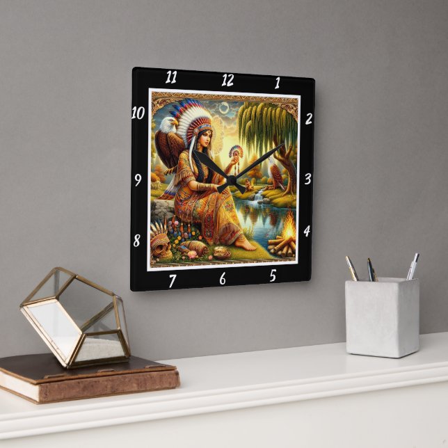 Relógio Quadrado Caminhos Nativos: Águia Rastreia a Rustela de Will (Escritório)
