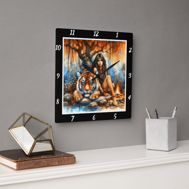 Relógio Quadrado Caminhos Nativos: O Tigre Rastreia o Willow (Escritório)