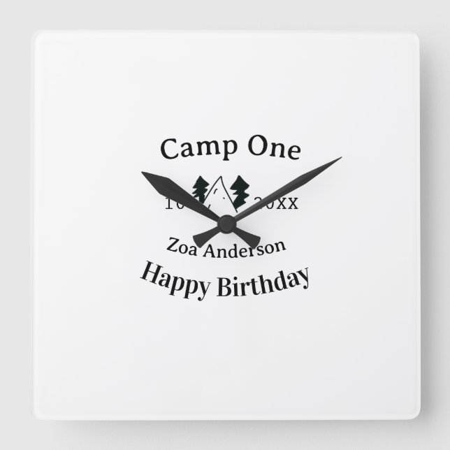 Relógio Quadrado Camp one happy birthday name date campingadventure (Frente)
