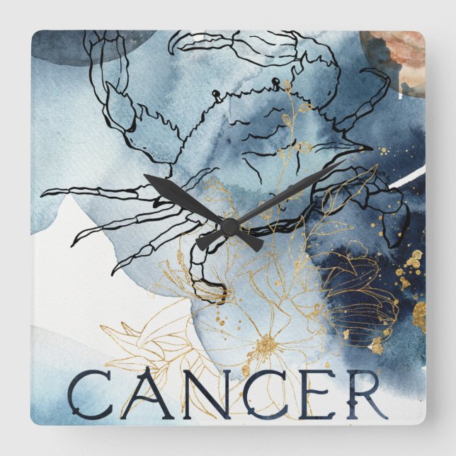 Relógio Quadrado Cancer crab zodiac blue black gold text planets  (Frente)