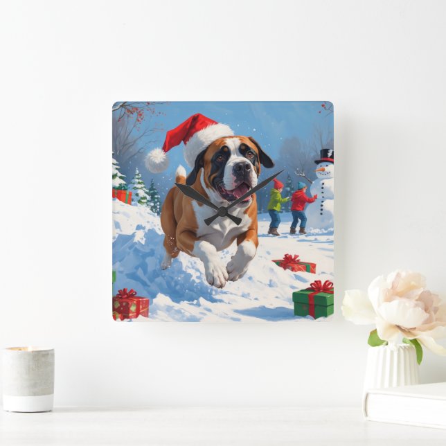Relógio Quadrado Cane Corso Correndo na Neve com Chapéu de Natal (Lar)