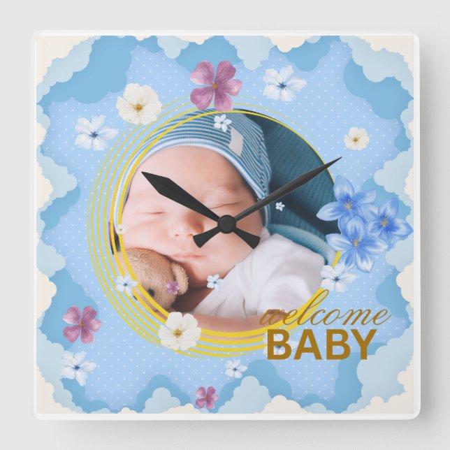 Relógio Quadrado Caneca de Café Personalizada com Foto do Bebê Meni (Frente)