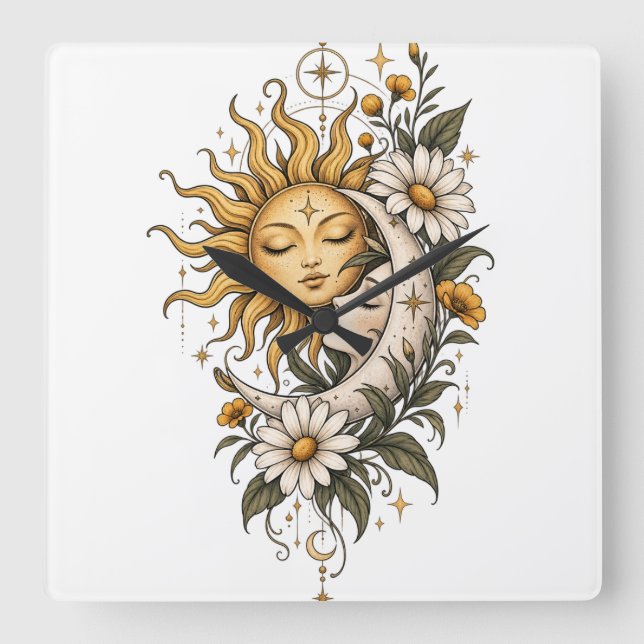 Relógio Quadrado Caneca de Café Sol Lua Mística e Floral (Frente)