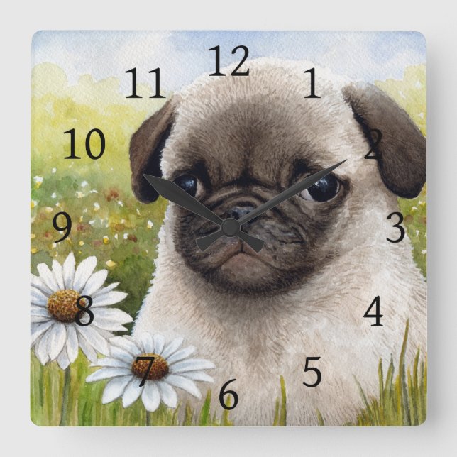 Relógio Quadrado Cão 114, flor de Pug Daisy (Frente)