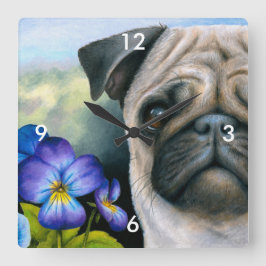 Relógio Quadrado Cão 133 Pug Blue Purple Flower