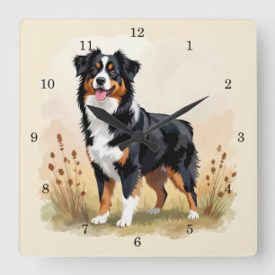 Relógio Quadrado Cão Aussie Tricolor Preto Pastor Australiano