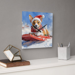 Relógio Quadrado Cão Basenji no Trenó Deixe Nevar Natal