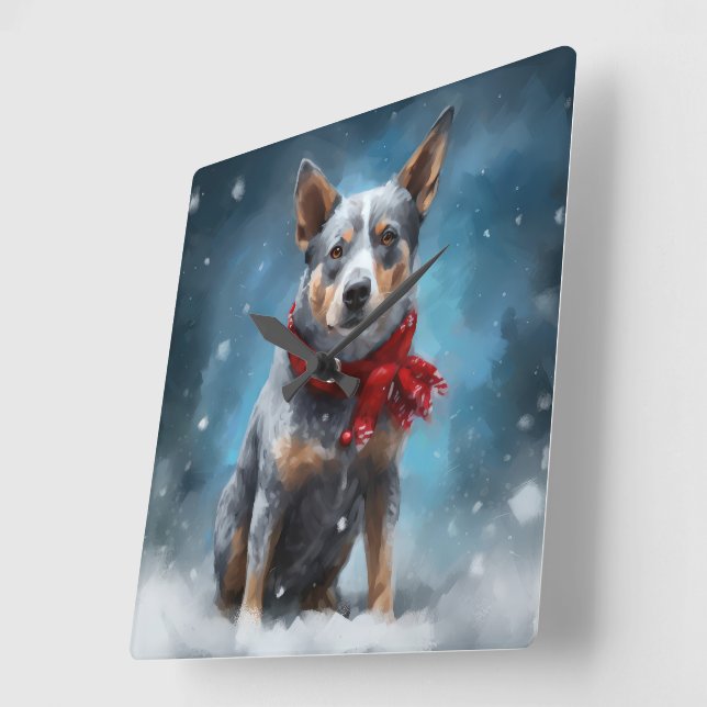 Relógio Quadrado Cão Blue Heeler na Neve Natal (Ângulo)