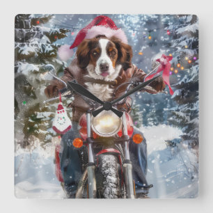 Relógio Quadrado Cão Brittany Spaniel Pilotando Motocicleta Natal