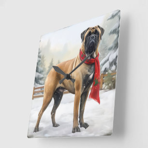 Relógio Quadrado Cão Bullmastiff na Neve Natal