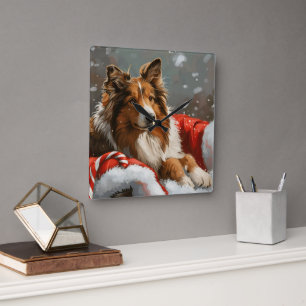 Relógio Quadrado Cão Collie Áspero Festa de Natal