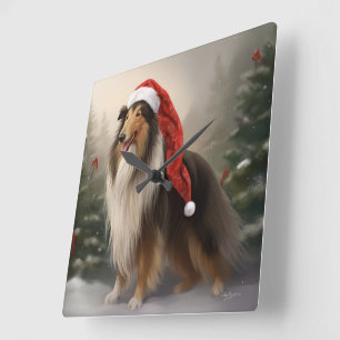 Relógio Quadrado Cão Collie Áspero na Neve Natal