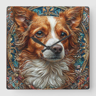 Relógio Quadrado Cão Com Fundo Decorativo Ornamentado