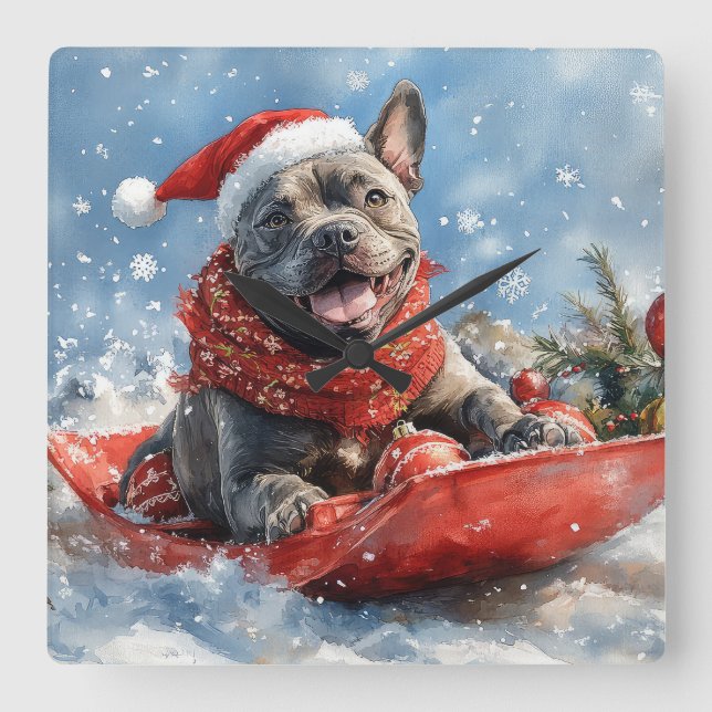 Relógio Quadrado Cão Corso em Trenó Deixe Nevar Natal (Frente)