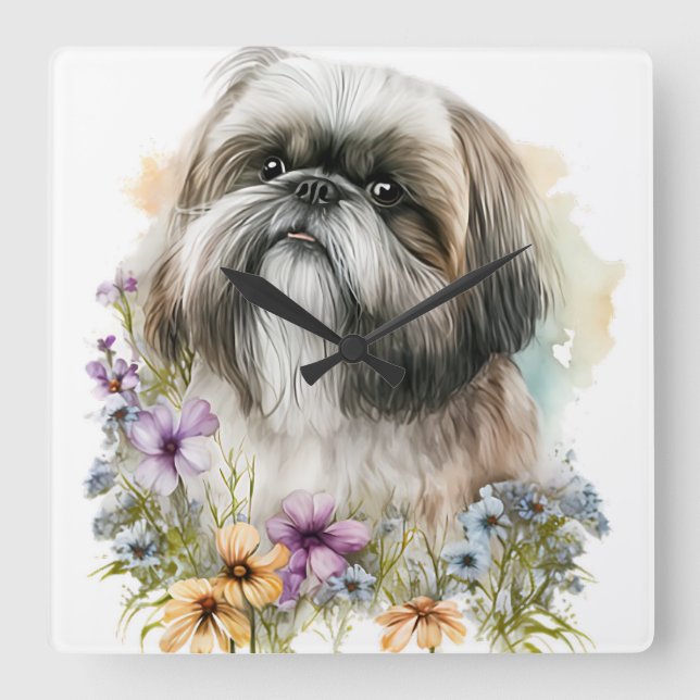 RELÓGIO QUADRADO CÃO DE LHASA COM FLORES DE SELVAGENS (Frente)