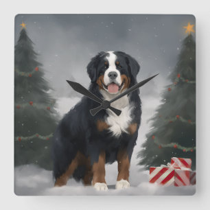 Relógio Quadrado Cão de Montanha Bernês na neve de Natal 