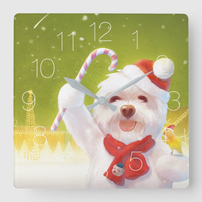 Relógio Quadrado Cão de Natal em Santa Chapéu (Frente)