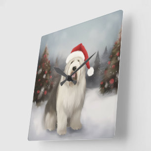 Relógio Quadrado Cão de Pastoreio Inglês Antigo na Neve Natal