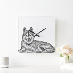 Relógio Quadrado Cão Husky Siberiano em tinta preta e branca e aqua