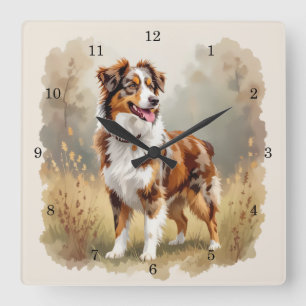Relógio Quadrado Cão Pastor Australiano Vermelho Merle Aussie