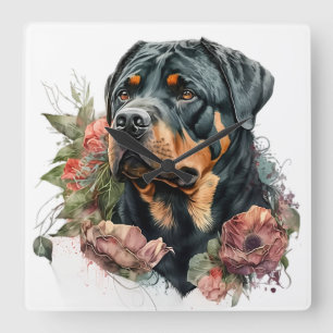 RELÓGIO QUADRADO CÃO ROTTWEILER PRETO E TAN COM FLORES