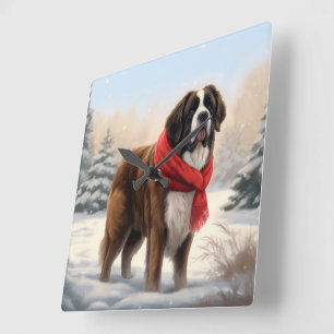 Relógio Quadrado Cão São Bernardo na neve Natal 